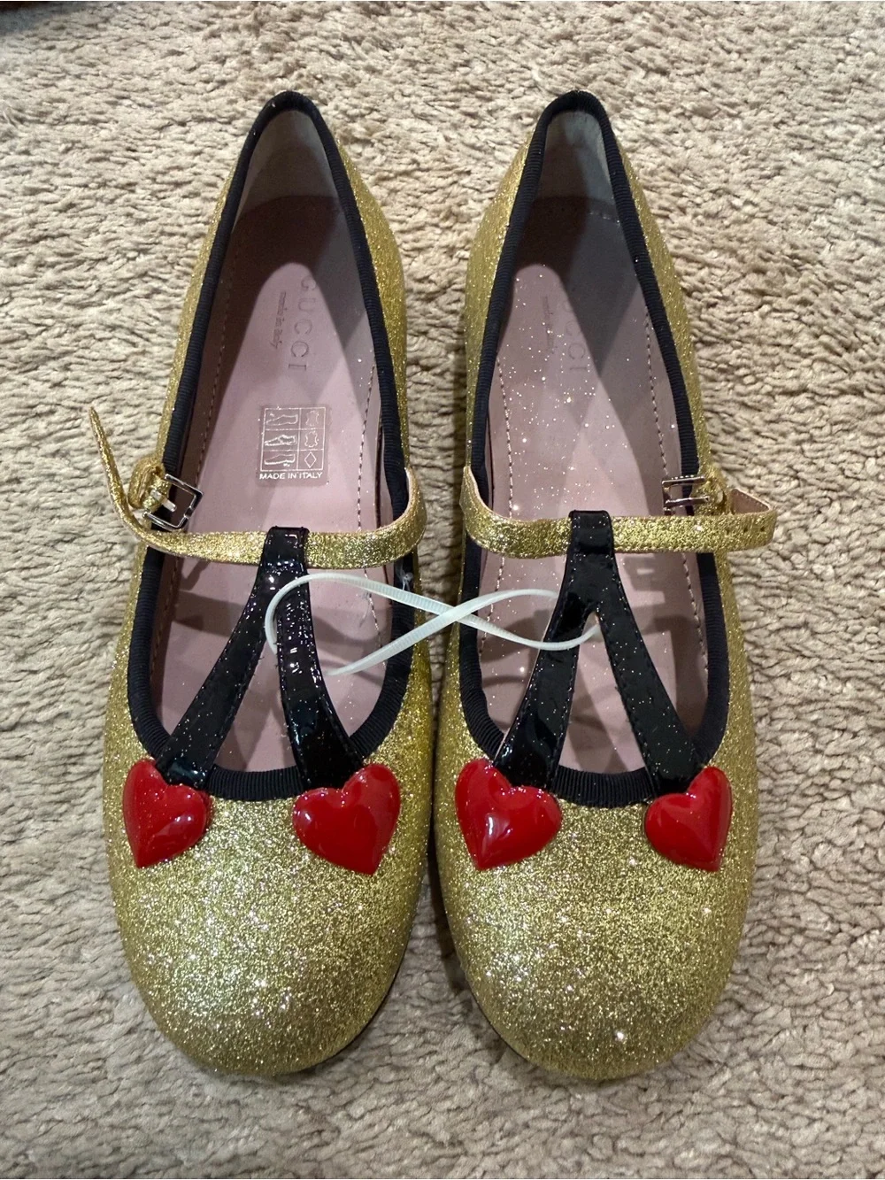 Gucci Girls' Gold Glitter Mary Jane Flats with Red Heart Accents